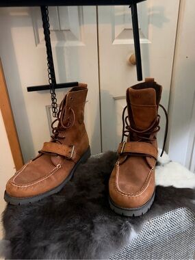 Ralph Lauren Tan/Brown Leather Moc Toe Lace-Up Strap Boots